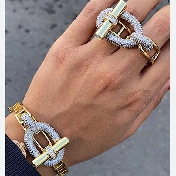 Gold Zircon Bangle Bracelet Two Finger Ring Set Luxury 18K Gold Plated - Picture 7 of 15